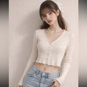 Brandy Melville Ivory Ribbed Cropped Cardigan – Soft Girl / Coquette